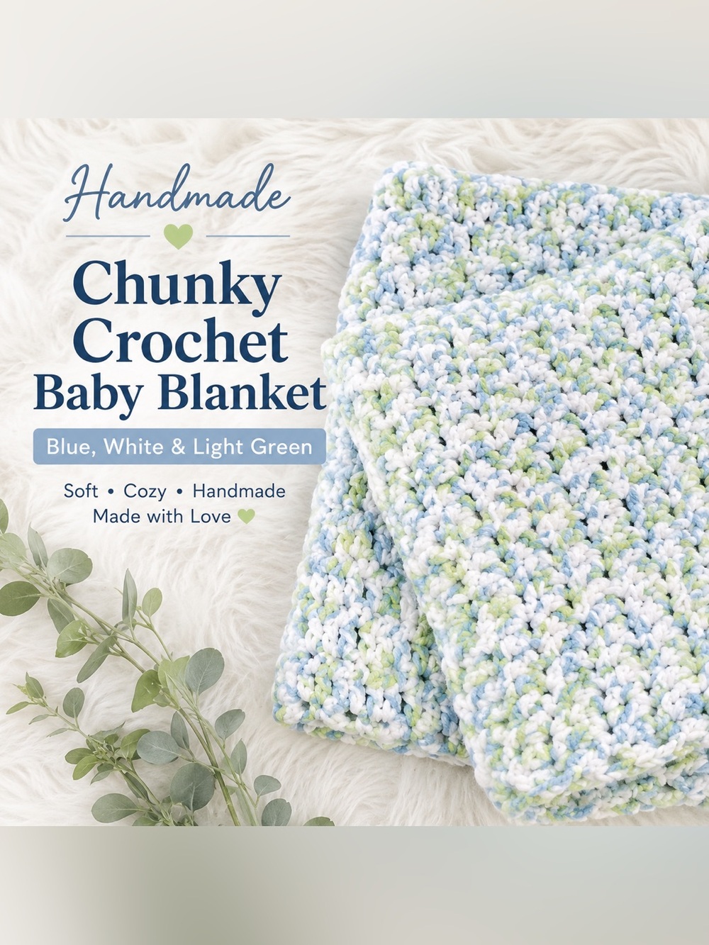 Handmade Chunky Crochet Baby Blanket Blue White Green Nursery Throw